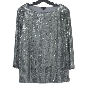 Ann Taylor Top 3/4 Sleeve All Over Sequin Disco Glam Party Cocktail Silver Large